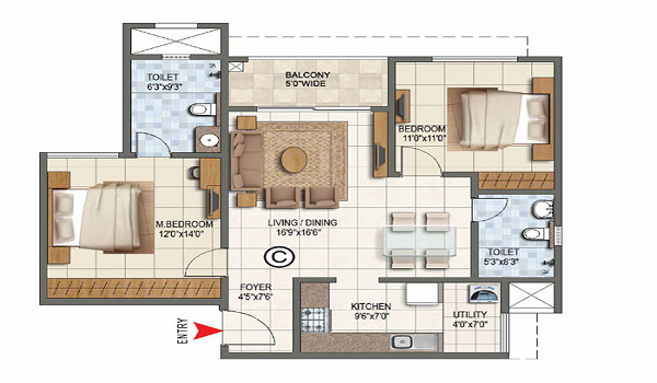 Provident Botanico 2 BHK Floor Plan